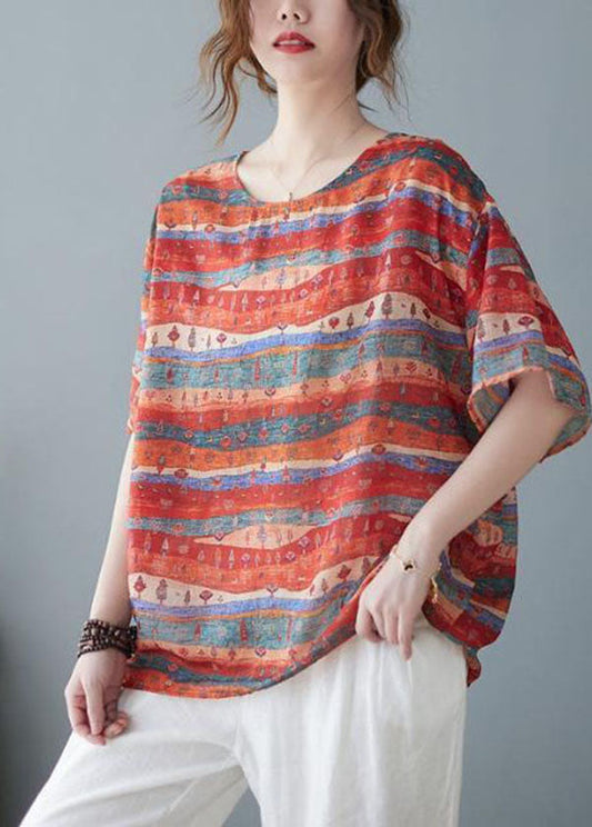 Bohemian Red Oversized Striped Linen Tank Summer FR2029