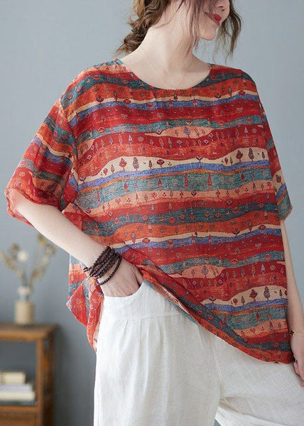 Bohemian Red Oversized Striped Linen Tank Summer FR2029