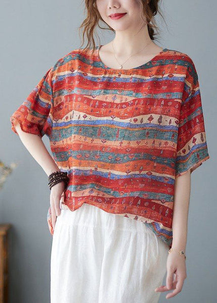 Bohemian Red Oversized Striped Linen Tank Summer FR2029