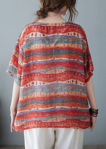 Bohemian Red Oversized Striped Linen Tank Summer FR2029