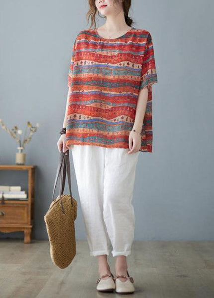 Bohemian Red Oversized Striped Linen Tank Summer FR2029