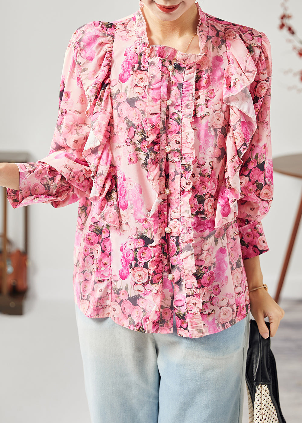 Bohemian Red Print Patchwork Ruffled Silk Shirt Tops Spring LY1811