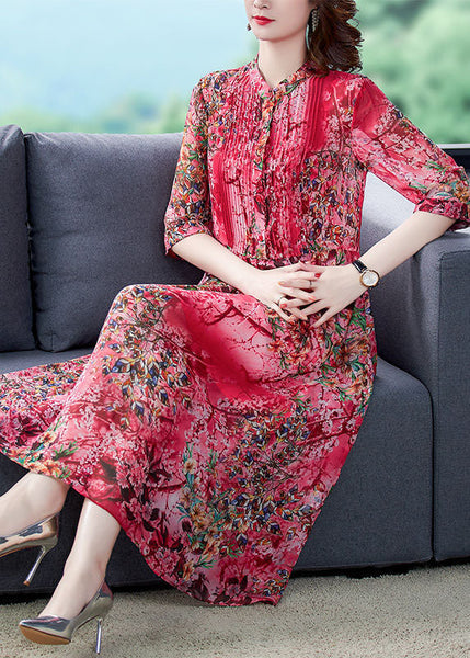 Bohemian Red Stand Collar Print Wrinkled Chiffon Vacation Dresses Half Sleeve LY1726