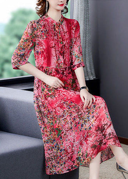 Bohemian Red Stand Collar Print Wrinkled Chiffon Vacation Dresses Half Sleeve LY1726