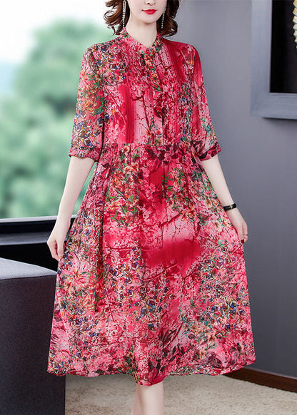 Bohemian Red Stand Collar Print Wrinkled Chiffon Vacation Dresses Half Sleeve LC0240