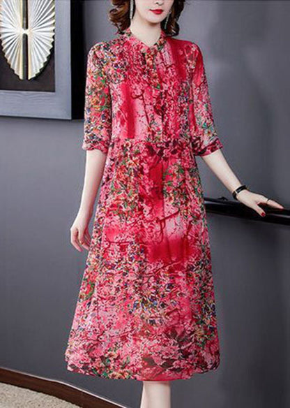 Bohemian Red Stand Collar Print Wrinkled Chiffon Vacation Dresses Half Sleeve LC0240