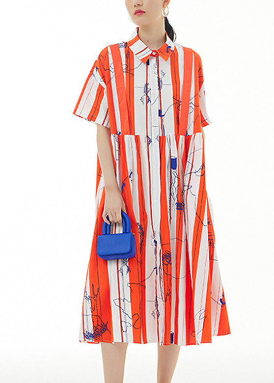 Bohemian Red Striped Peter Pan Collar Print Cotton Maxi Shirt Dress Summer LY1096