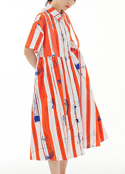 Bohemian Red Striped Peter Pan Collar Print Cotton Maxi Shirt Dress Summer LY1096