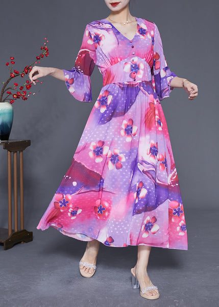 Bohemian Rose Cinched Patchwork Print Silk Vacation Dress Summer LY1835