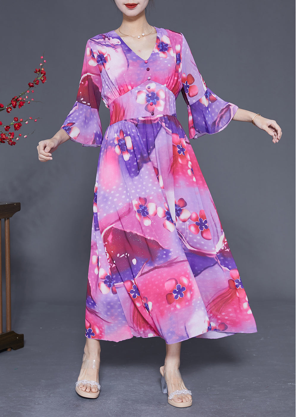 Bohemian Rose Cinched Patchwork Print Silk Vacation Dress Summer LY1835