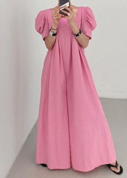 Bohemian Rose Square Collar Oversized Linen Jumpsuits Wide Leg Pants Summer LY1317