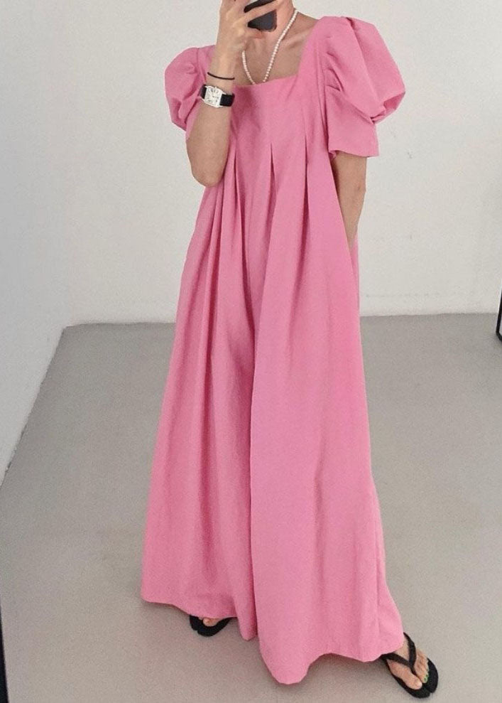 Bohemian Rose Square Collar Oversized Linen Jumpsuits Wide Leg Pants Summer LY1317