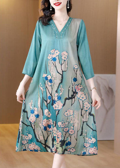 Bohemian Sky Blue V Neck Print Silk Dresses Bracelet Sleeve LC0213