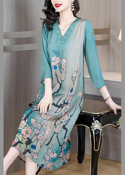 Bohemian Sky Blue V Neck Print Silk Dresses Bracelet Sleeve LY1681