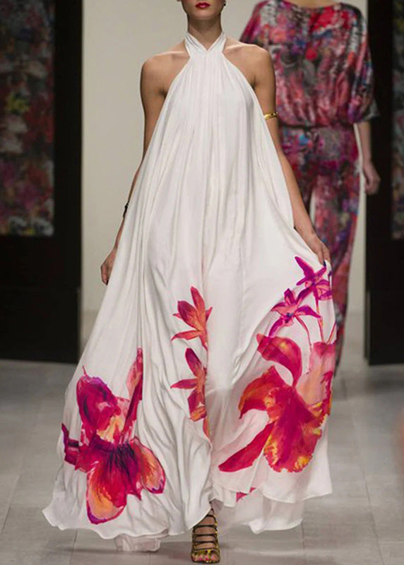 Bohemian White Summer Sundress Sexy Halter Floral Print Long Dresses LC0003
