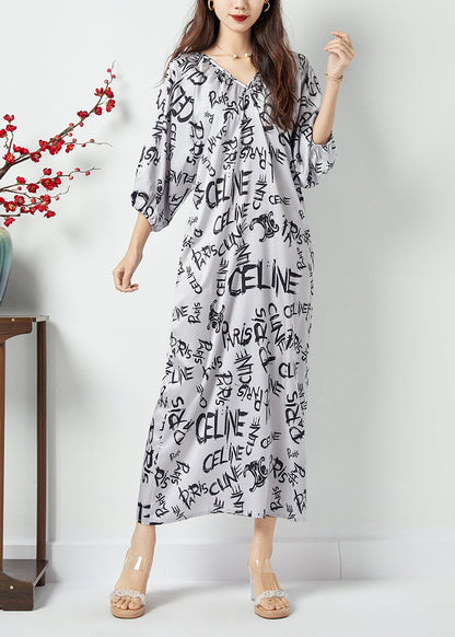 Bohemian White V Neck Letter Print Wrinkled Chiffon Long Dress Batwing Sleeve LY1124