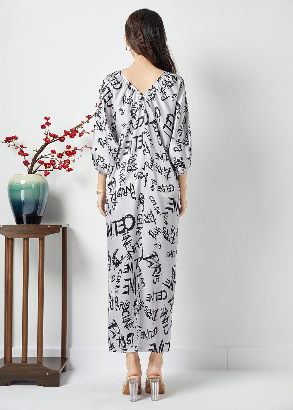 Bohemian White V Neck Letter Print Wrinkled Chiffon Long Dress Batwing Sleeve LY1124