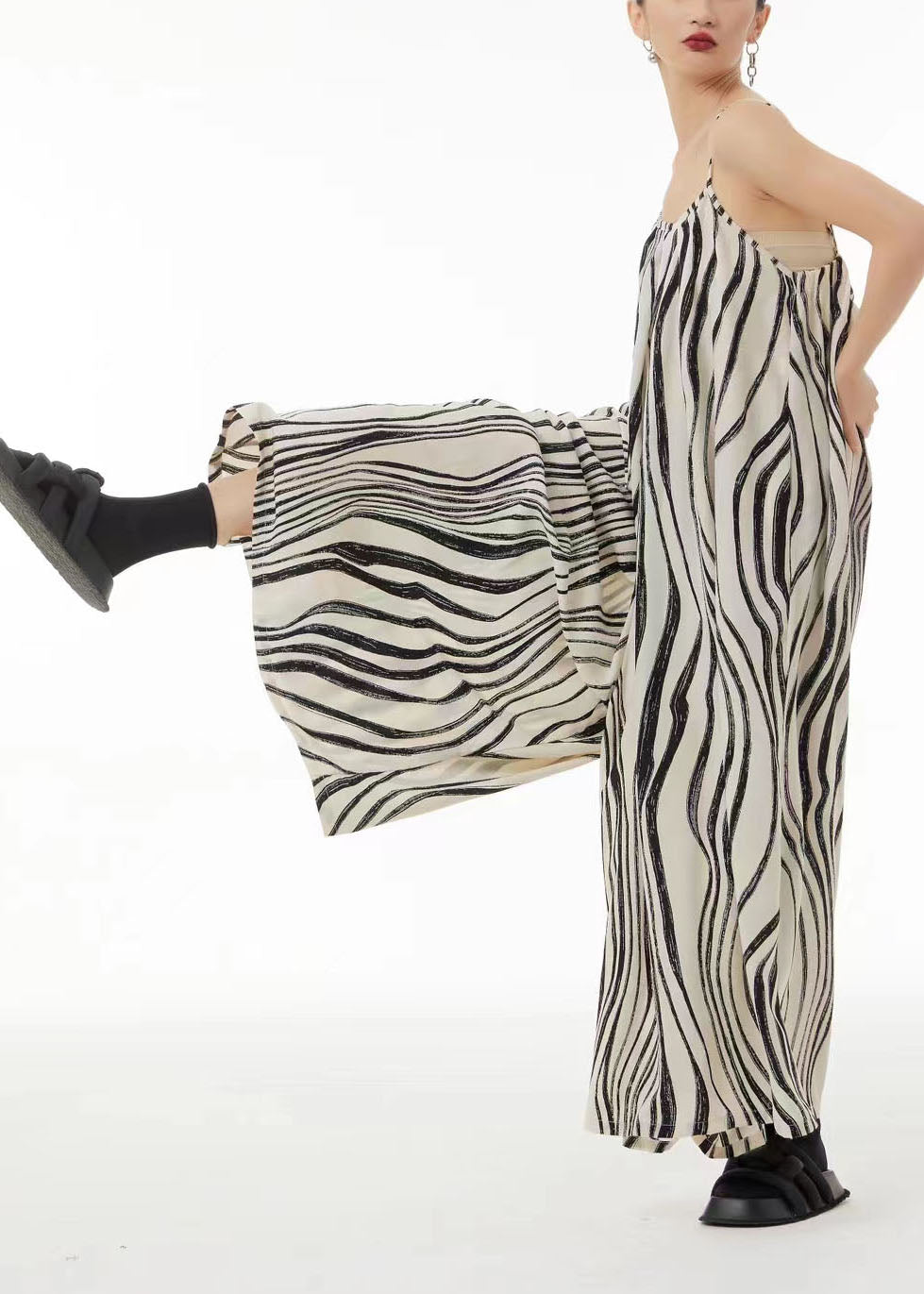 Bohemian White Zebra Pattern Wide Leg Chiffon Spaghetti Strap Jumpsuit Summer LC0104