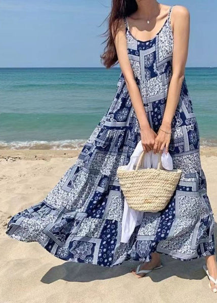 Bohemian Women Sleeveless O-Neck Printed Maxi Tank Dress Floral Blue LC0032