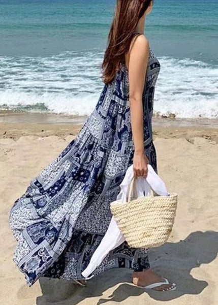 Bohemian Women Sleeveless O-Neck Printed Maxi Tank Dress Floral Blue LC0032