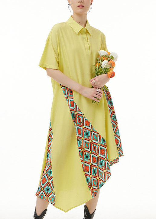 Bohemian Yellow Asymmetrical Print Patchwork Chiffon Shirts Dresses Summer LY1217