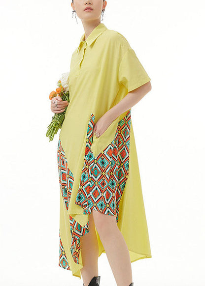 Bohemian Yellow Asymmetrical Print Patchwork Chiffon Shirts Dresses Summer LY1217