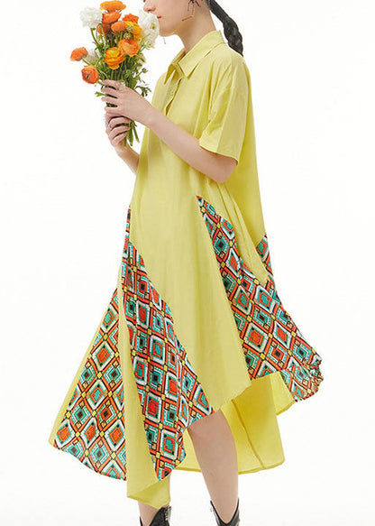 Bohemian Yellow Asymmetrical Print Patchwork Chiffon Shirts Dresses Summer LY1217