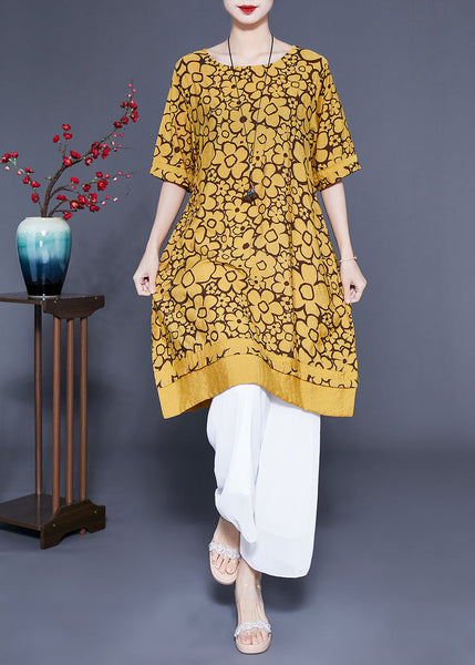 Bohemian Yellow O-Neck Print Silk Maxi Dress Summer LC0412