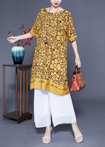 Bohemian Yellow O-Neck Print Silk Maxi Dress Summer LC0412