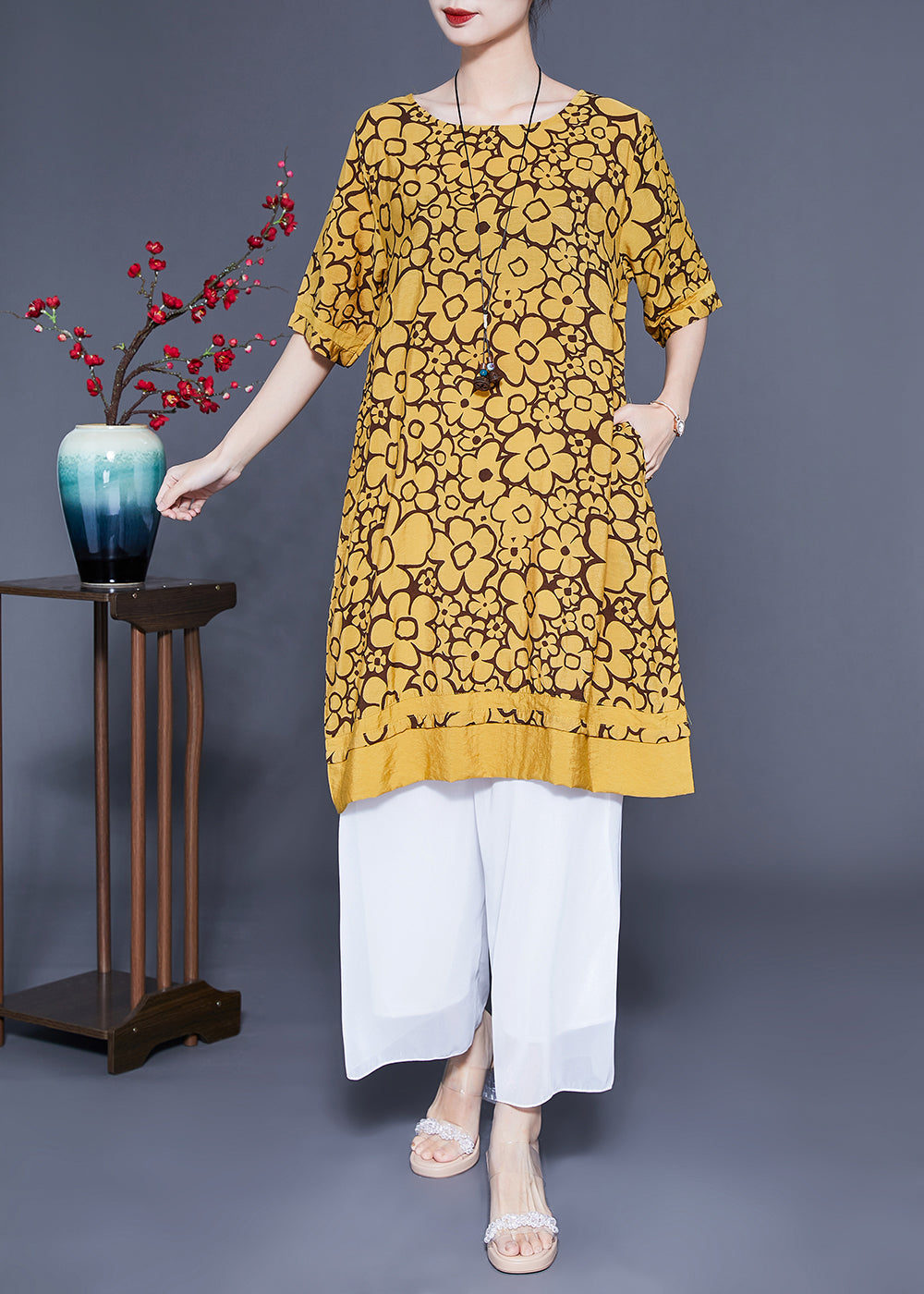 Bohemian Yellow O-Neck Print Silk Maxi Dress Summer LC0412