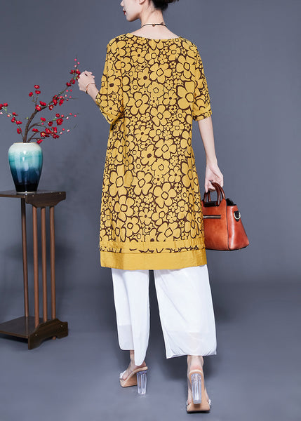 Bohemian Yellow O-Neck Print Silk Maxi Dress Summer LC0412