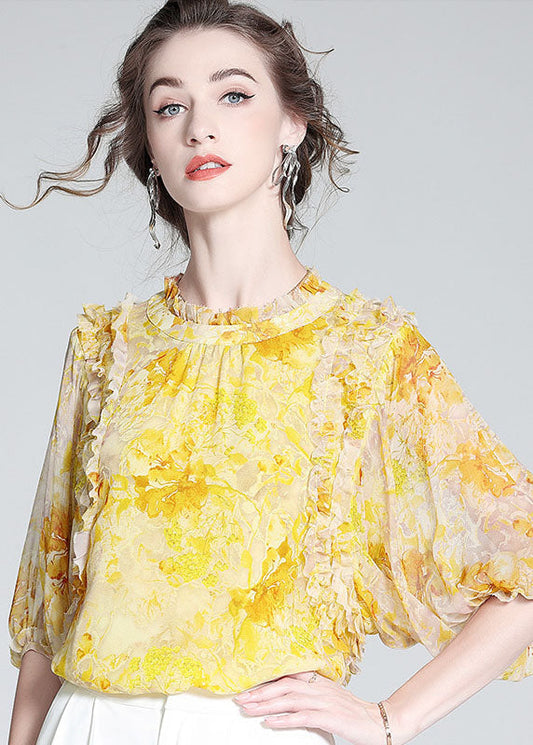 Bohemian Yellow Ruffled Print Silk Blouse Tops Bracelet Sleeve LY0144