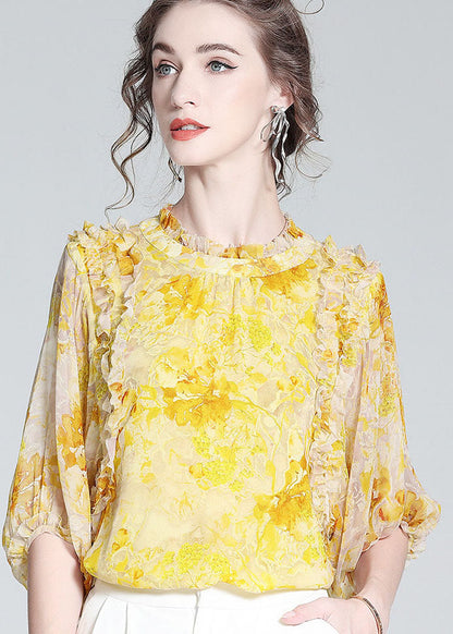 Bohemian Yellow Ruffled Print Silk Blouse Tops Bracelet Sleeve LY0144