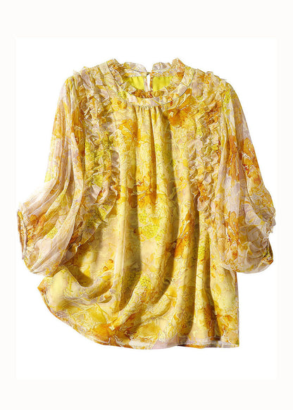 Bohemian Yellow Ruffled Print Silk Blouse Tops Bracelet Sleeve LY0144