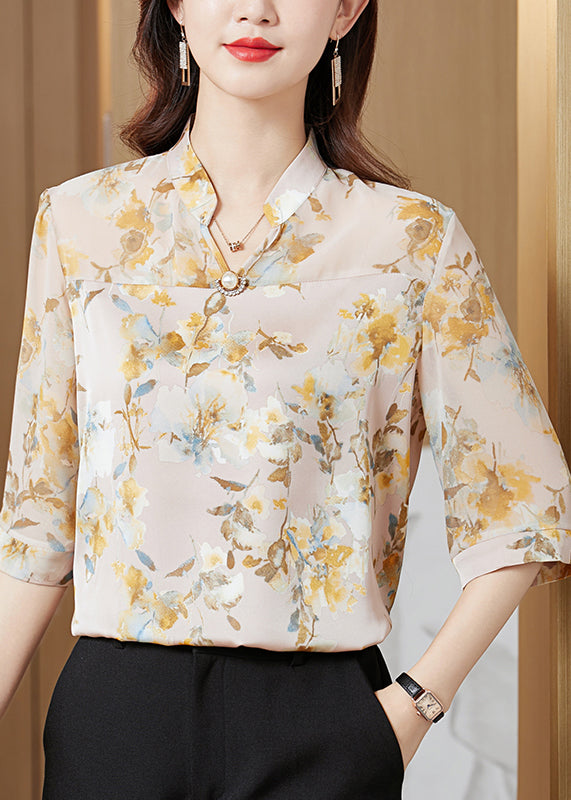 Bohemian Yellow Stand Collar Print Chiffon Shirt Tops Half Sleeve LY0423