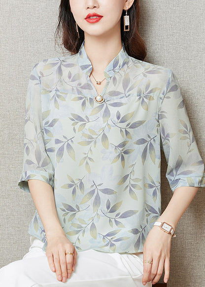 Bohemian Yellow Stand Collar Print Chiffon Shirt Tops Half Sleeve LY0423