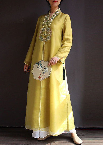 Bohemian Yellow V Neck Embroideried Patchwork Silk Dress Spring LC0197