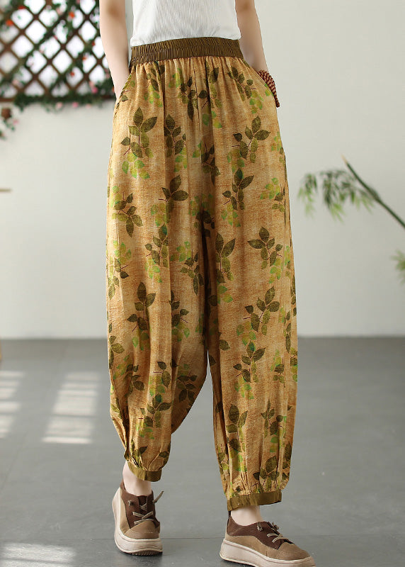 Bohemian Yellow Wrinkled Elastic Waist Crop Lantern Pants TQ1057