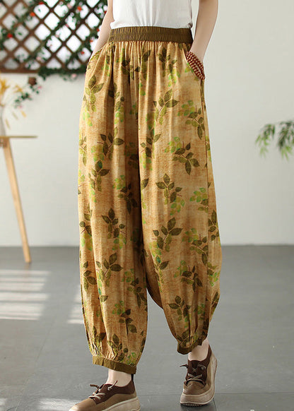 Bohemian Yellow Wrinkled Elastic Waist Crop Lantern Pants TQ1057