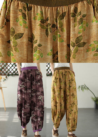 Bohemian Yellow Wrinkled Elastic Waist Crop Lantern Pants TQ1057