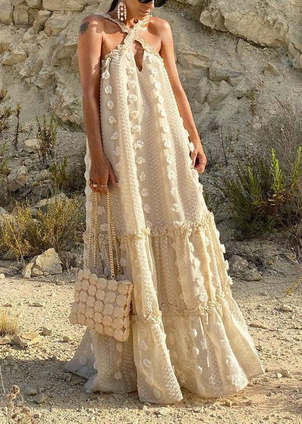 Boho Beige Neck Tie Patchwork Floral Holiday Maxi Dresses Summer LY1956