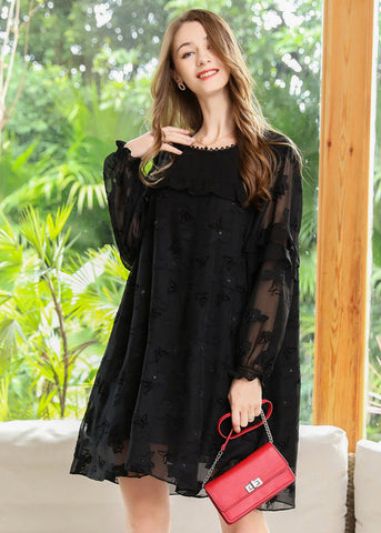 Boho Black Embroideried Patchwork Ruffles Chiffon Maxi Dresses Spring LY0271