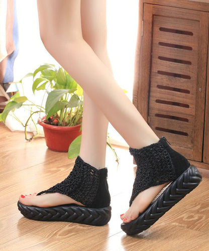 Boho Black Knit Fabric Splicing Platform Peep Toe Sandals LY1746