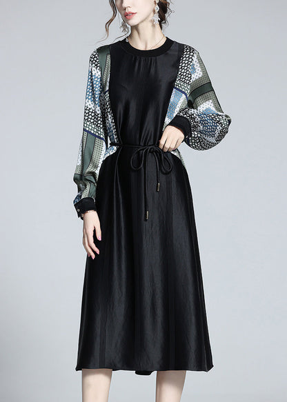 Boho Black O-Neck Print Patchwork Tie Waist Satin Vacation Long Dresses Long Sleeve LY1056