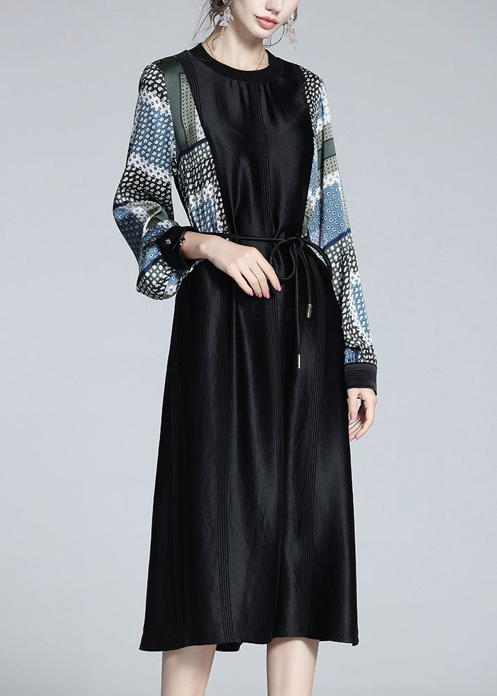 Boho Black O-Neck Print Patchwork Tie Waist Satin Vacation Long Dresses Long Sleeve LY1056