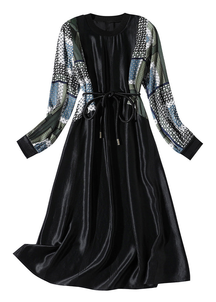 Boho Black O-Neck Print Patchwork Tie Waist Satin Vacation Long Dresses Long Sleeve LY1056