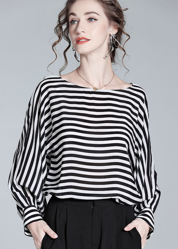 Boho Black O Neck Striped Patchwork Silk Shirt Tops Spring LY0141