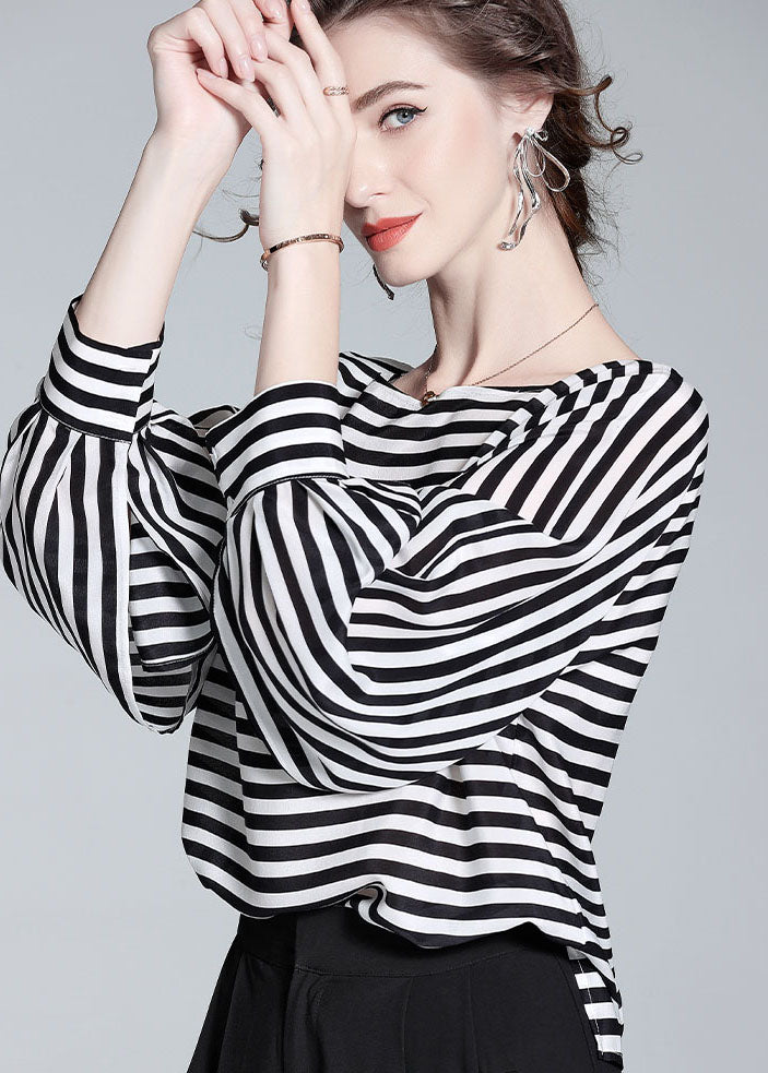 Boho Black O Neck Striped Patchwork Silk Shirt Tops Spring LY0141