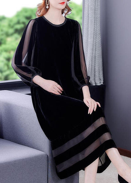 Boho Black Oversized Patchwork Silk Velour Long Dresses Bracelet Sleeve LC0083