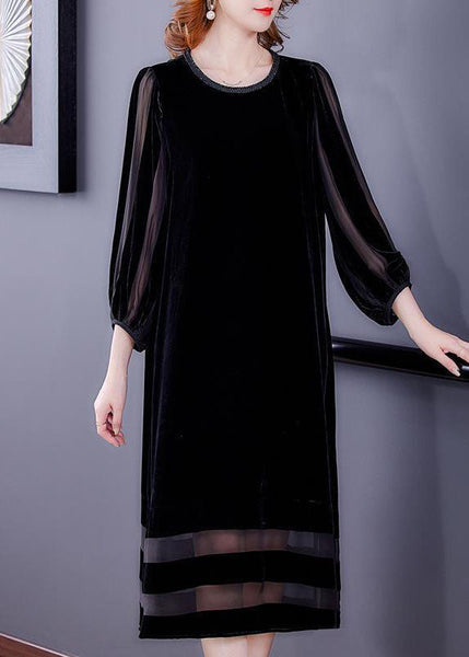 Boho Black Oversized Patchwork Silk Velour Long Dresses Bracelet Sleeve LC0083